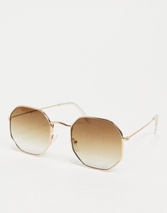 Золотистые солнцезащитные очки в металлической шестиугольной оправе с градиентными коричневыми линзами ASOS DESIGN-Золотистый