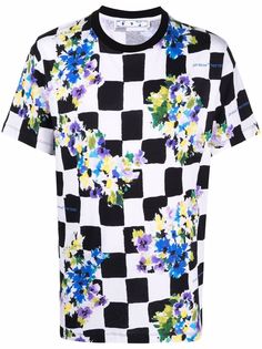 Off-White клетчатая футболка с цветочным принтом