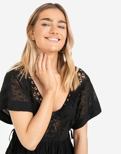 Чёрная пляжная туника с кружевом Gloria Jeans