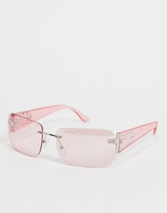 Розовые солнцезащитные очки прямоугольной формы без оправы с блестящей отделкой на заушниках ASOS DESIGN-Розовый цвет