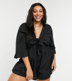 Черный ромпер с узлом спереди и оборками на рукавах ASOS DESIGN Curve
