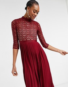 Темно-бордовое платье «2 в 1» из ажурного вязаного кружева с плиссированной юбкой Little Mistress-Красный