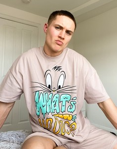 Пижамный комплект из шортов и футболки с эффектом кислотной стирки и принтом по мотивам "Looney Tunes" ASOS DESIGN-Нейтральный