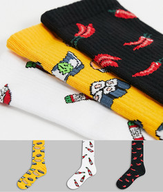 Набор из 3 пар носков черного цвета с принтами перчиков чили и суши Bershka-Черный цвет