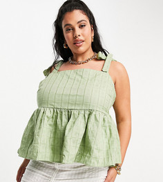Топ цвета хаки в фактурную клетку с завязками на плечах ASOS DESIGN Curve-Зеленый цвет