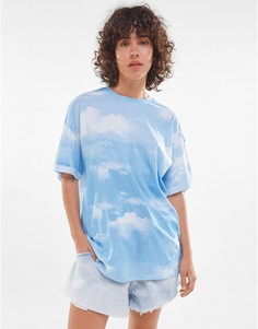 Голубая футболка в стиле oversized с принтом облаков Bershka-Голубой