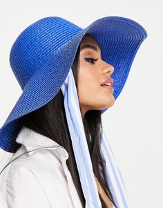 Синяя соломенная шляпа с шарфиком-завязкой в полоску SVNX-Голубой