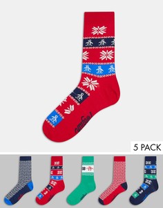 Набор из 5 пар новогодних носков с принтом синего/красного цветов в коробке Penguin-Многоцветный