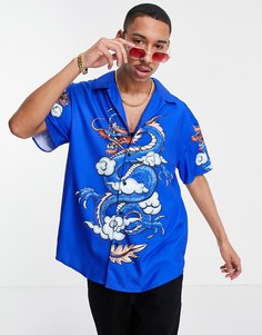 Синяя атласная рубашка с принтом в виде драконов Mennace-Голубой