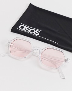 Солнцезащитные очки с розовыми стеклами в прозрачной квадратной оправе со скошенными углами ASOS DESIGN-Серебристый