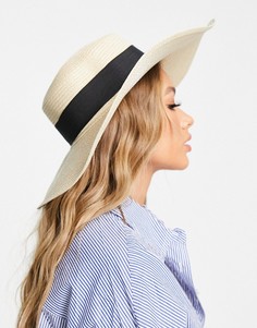 Соломенная широкополая шляпа с контрастной лентой бежевого цвета SVNX-Нейтральный