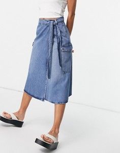 Удлиненная джинсовая юбка миди светло-синего цвета Selected Femme-Голубой