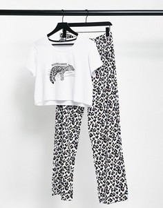 Длинный пижамный комплект с черно-белым леопардовым принтом и надписью "Rather Be Sleeping" Loungeable-Многоцветный