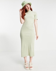 Шалфейно-зеленое платье миди из органического хлопка в рубчик с высоким воротником Weekday Vera-Светло-бежевый