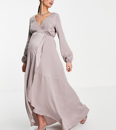 Атласное платье мидакси с запахом и завязкой серо-бежевого цвета Little Mistress Maternity-Серый