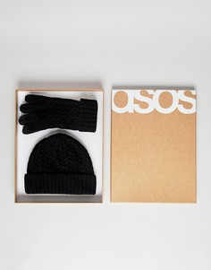 Черная шапка-бини и перчатки из овечьей шерсти в подарочном наборе ASOS-Черный