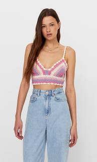 Stradivarius Топ Из Кружева Кроше Ярко-Розовый Xs