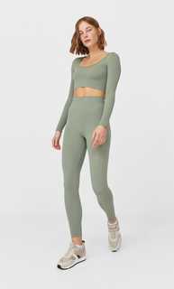 Stradivarius Укороченный Бесшовный Топ Зеленый S