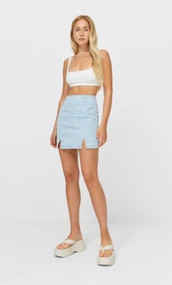 Stradivarius Мини-Юбка С Вышивкой «Ромашки» Деним Xs