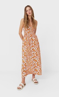 Stradivarius Длинное Платье С Цветочным Принтом Оранжевый Xs