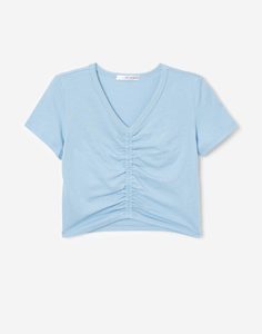 Голубая укороченная футболка с V-вырезом для девочки Gloria Jeans