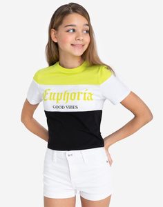 Футболка колор-блок с принтом Euphoria для девочки Gloria Jeans