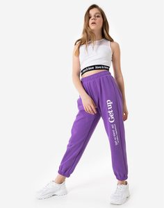Фиолетовые спортивные брюки с принтом Get up для девочки Gloria Jeans