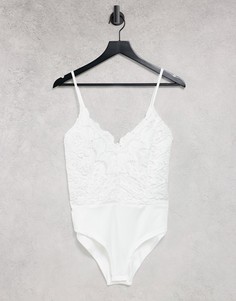 Белое боди с V-образным вырезом и кружевной вставкой Parisian-Белый