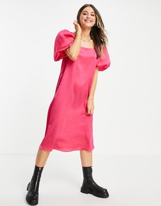 Ярко-розовое платье миди с объемными рукавами Lola May-Розовый цвет