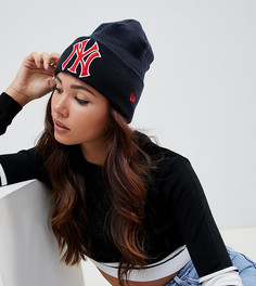 Темно-синяя эксклюзивная шапка-бини с красным логотипом "NY" в стиле ретро New Era-Темно-синий