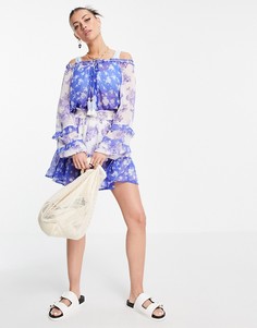 Синее свободное платье с цветочным принтом River Island-Голубой