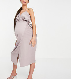 Атласное платье миди с запахом серо-бежевого цвета Little Mistress Maternity-Серый
