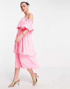 Розовое ярусное платье-комбинация макси с оборками River Island-Розовый цвет