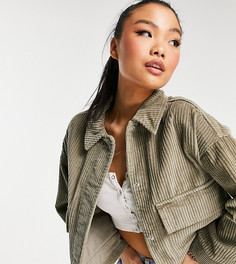 Объемная вельветовая куртка оливкового цвета ASOS DESIGN Petite-Зеленый цвет