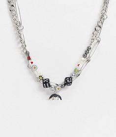 Серебристое многорядное ожерелье с бусинами и английскими булавками ASOS DESIGN-Серебристый