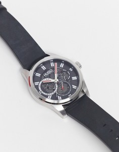 Мужские часы с хронографом и черным кожаным ремешком Hugo-Черный цвет
