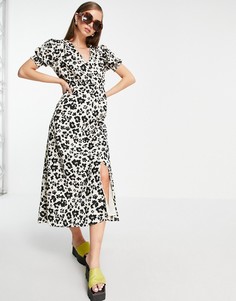 Коричневое платье миди на пуговицах с леопардовым принтом River Island-Коричневый цвет