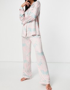 Атласный удлиненный пижамный комплект премиум пастельного розового цвета с отложным воротником и принтом зебр Chelsea Peers-Розовый цвет