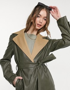 Пальто цвета хаки с отделкой из контрастной искусственной кожи Helene Berman-Зеленый цвет