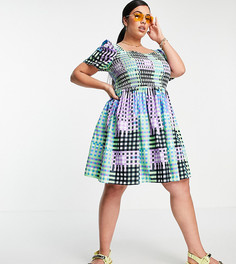 Эксклюзивное платье мини с присборенной юбкой и разноцветным принтом в клетку COLLUSION Plus-Многоцветный