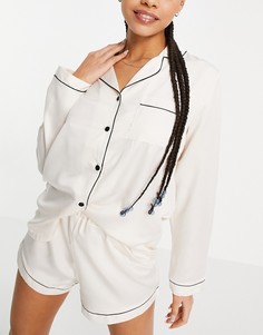 Комбинируемая атласная рубашка от пижамы кремового цвета с черной окантовкой Loungeable-Белый
