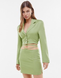 Классическая льняная юбка цвета хаки (от комплекта) Bershka-Зеленый цвет