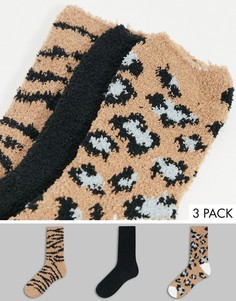 Набор из 3 пар пушистых носков для дома черного и бежевого цвета со звериным принтом Loungeable-Коричневый цвет