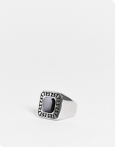 Блестящее серебристое кольцо-печатка из нержавеющей стали с черным камнем и греческой волной ASOS DESIGN-Серебристый