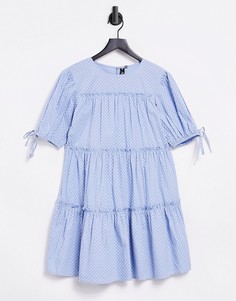Ярусное платье мини в горошек с завязками на рукавах Influence-Голубой
