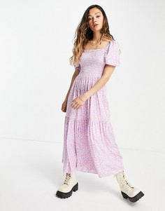 Розовое платье макси с присборенным лифом, пышными рукавами и цветочным принтом Only-Многоцветный
