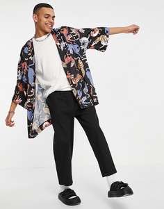Атласная рубашка с рукавами кимоно и сплошным тигриным принтом ASOS DESIGN-Черный цвет