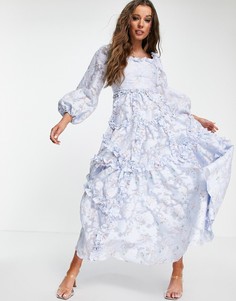 Голубое платье макси с цветочным принтом и оборками Needle & Thread Summer Blossom-Многоцветный
