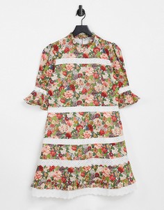 Платье мини с контрастной кружевной отделкой и цветочным принтом Hope & Ivy Made with Liberty Fabric-Многоцветный