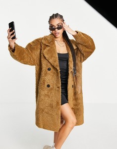 Коричневое пальто из искусственной меха в стиле oversized со вставками из искусственной кожи NA-KD-Коричневый цвет
